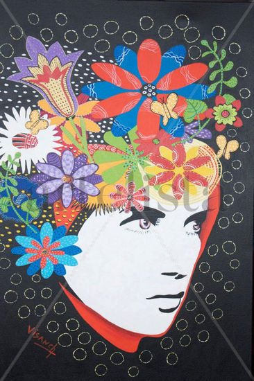 Mujer con flores Acrylic Canvas Portrait