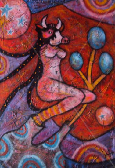 The ritual of the cow woman Mixed media Textile Figure Painting