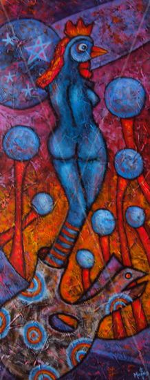 Woman rooster in the forest of spheres. Mixed media Textile Figure Painting