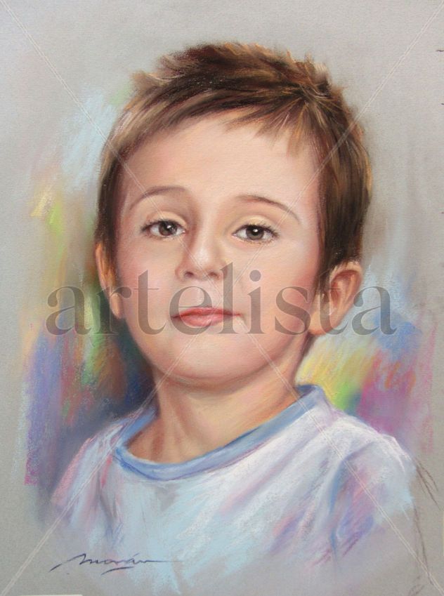 Dibujo al pastel de niño con gesto de pícaro.