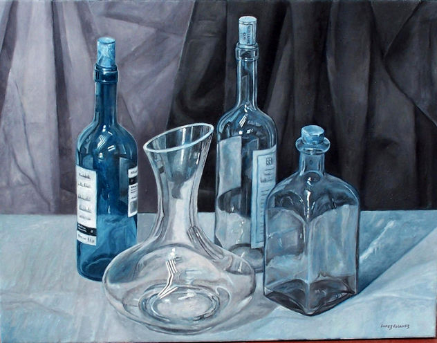 BODEGÓN., COMP. BOTELLAS EN AZUL.