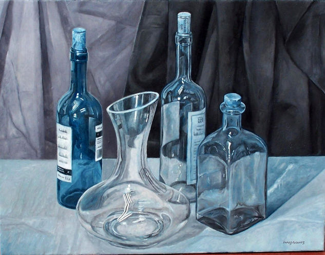 BODEGÓN., COMP. BOTELLAS EN AZUL. Oil Canvas Still Life Paintings