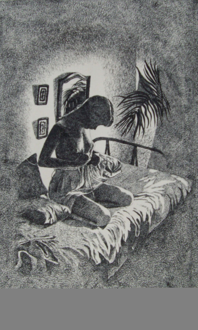 Mujer sentada en su cama