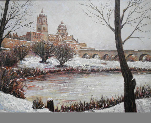 Nevada en Salamanca Óleo Tabla Paisaje