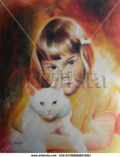 NIÑA Y MASCOTA Óleo Papel Retrato