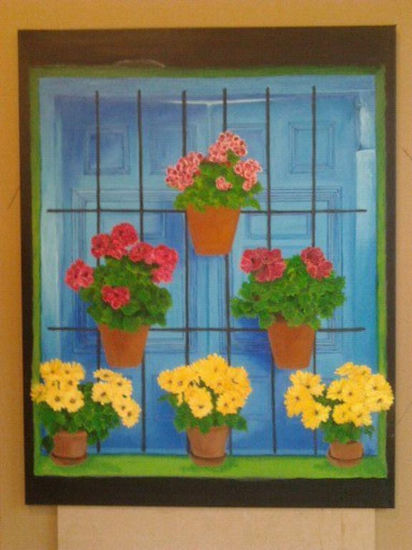 VENTANA EN AZUL Oil Canvas Floral Painting