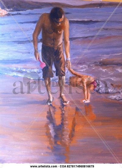 Padre con hija en la playa Oil Panel Figure Painting