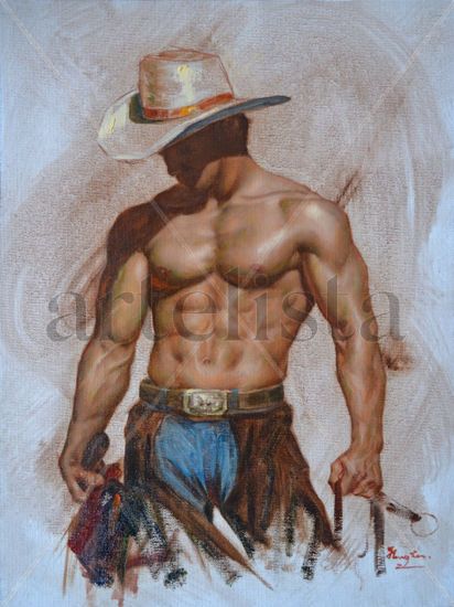 ORIGINAL OIL PAINTING ART COWBOY MALE NUDE ON LINEN Oil Canvas Nude Paintings