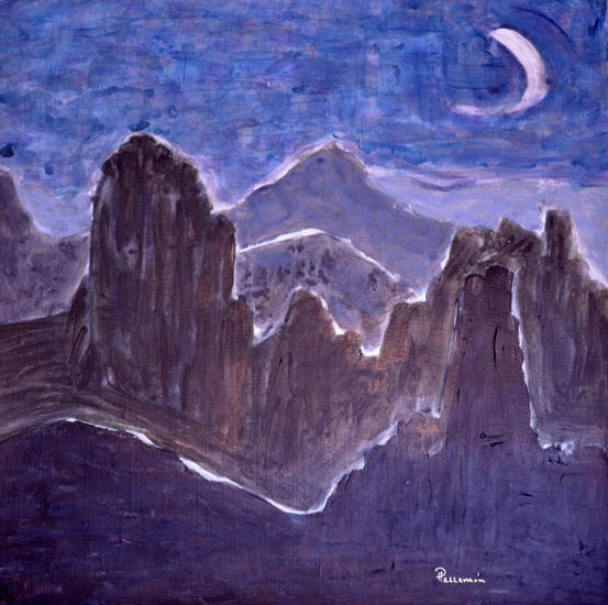 NOCTURNO CON LUNA EN LAS MONTAÑAS Acrílico Papel Paisaje