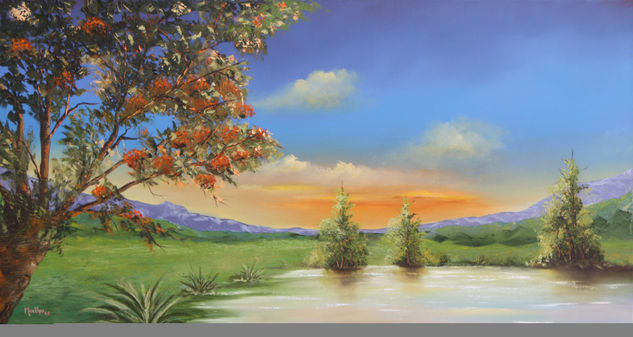 Paisaje en atardecer. Oil Canvas Landscaping