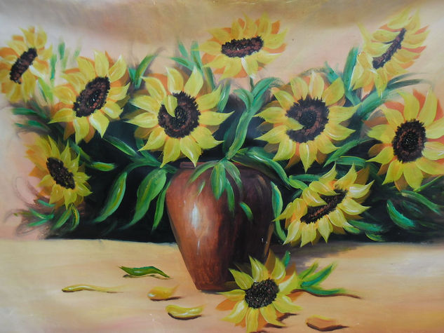 Girasoles y Florero Oil Canvas Floral Painting