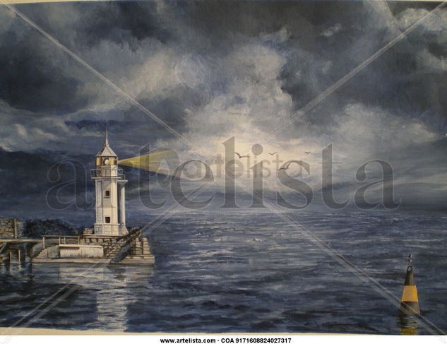 Faro nocturno Acrylic Paper Marine Painting