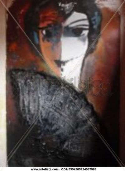 "MUJER CON ABANICO" Mixed media Panel Portrait