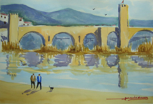 PUENTE BESALU Acuarela Papel Paisaje