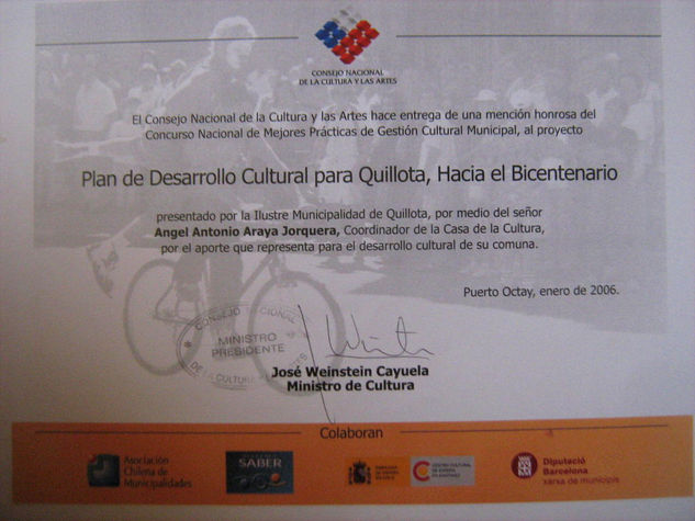 DIPLOMA POR PLAN DE DESARROLLO CULTURAL PARA QUILLOTA 