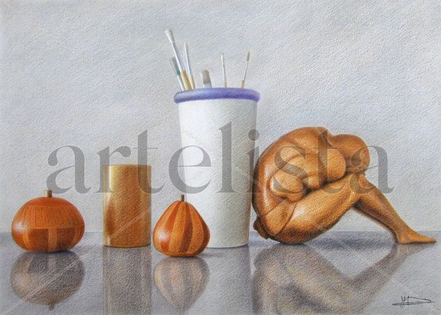 Bodegón objetos de madera Pencil (coloured) Paper Still Life Paintings