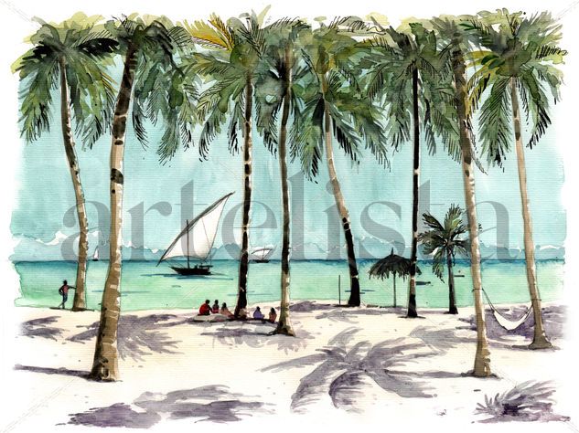 Paje beach Zanzibar Watercolour Paper Marine Painting