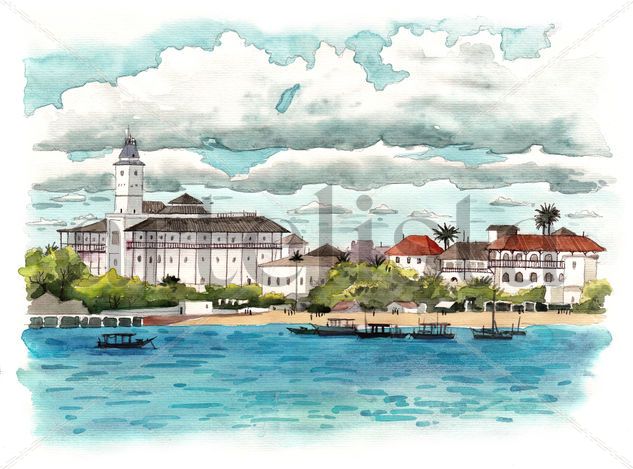 Stone Town, Zanzíbar Watercolour Paper Landscaping