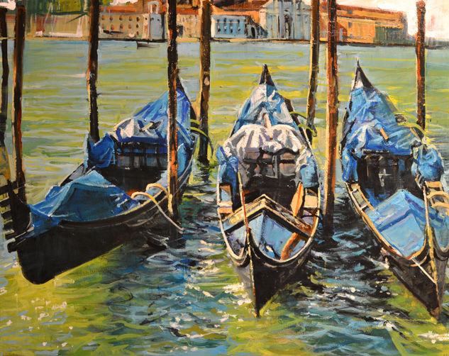 Tres Gondolas a plena sol Oil Panel Marine Painting