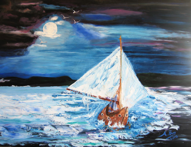 Navegar con la luna Oil Others Marine Painting