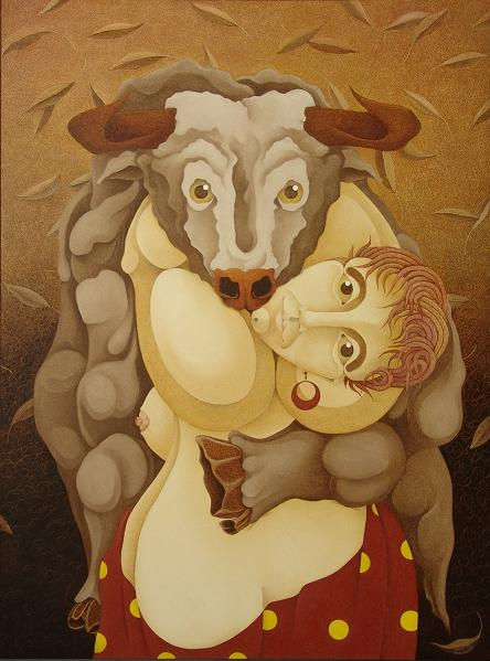 Mujer abrazando toro