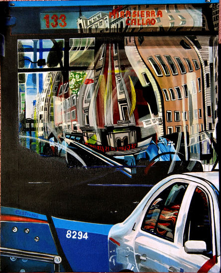 Reflejos sobre Autobús. Acrylic Canvas Landscaping