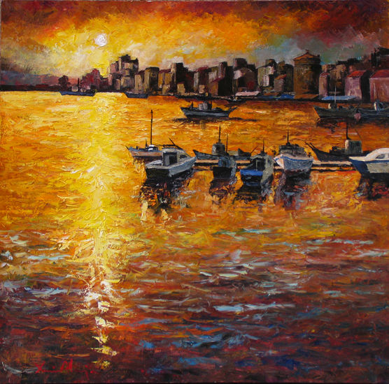 Capvespre al port de Cambrils. Oil Canvas Landscaping