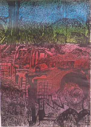 autobus a color Woodcut