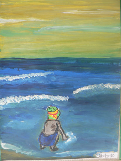 Escenas de playa, primeras pinturas del autor. Acrylic Card Marine Painting