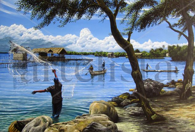 PESCANDO EN LA CIÉNAGA Oil Panel Marine Painting