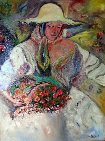 RECOGIENDO FLORES Oil Canvas Portrait