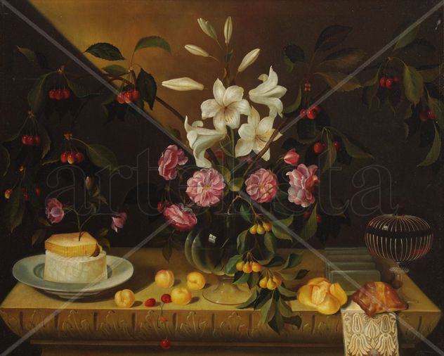 Bodegon flores y fruta