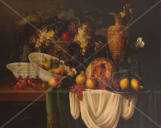 Bodegon cesto de frutas y mantel.
