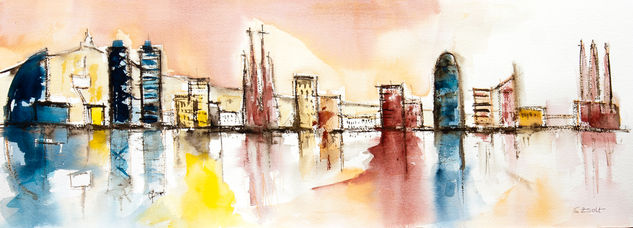 Barcelona panorámica Watercolour Paper Marine Painting