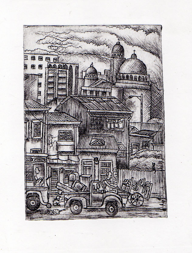 Barrio con iglesia al fondo