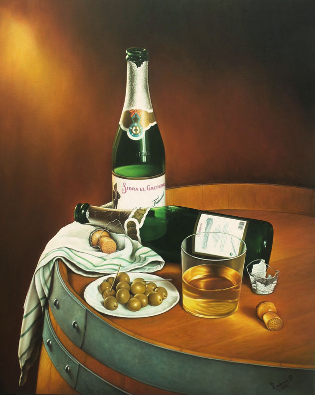 BODEGÓN CON SIDRA Y OLIVAS