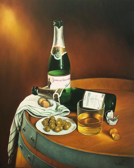 BODEGÓN CON SIDRA Y OLIVAS Oil Canvas Still Life Paintings