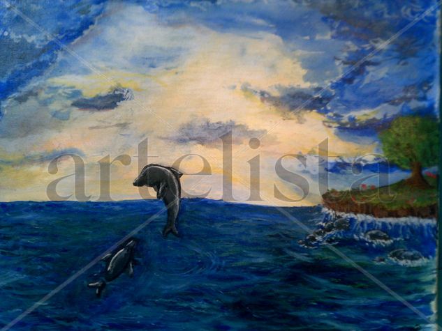 Delfines al ocaso Acrylic Canvas Marine Painting