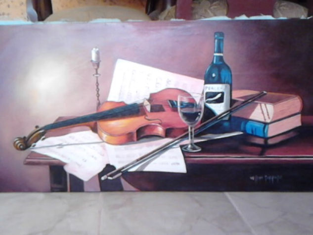 violin con vino Acrílico Tela Bodegones