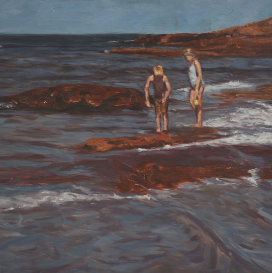 Niños en las rocas Oil Textile Marine Painting