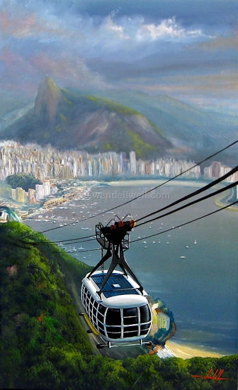 Bondinho do Pão de Açúcar e ao fundo o Corcovado Óleo Lienzo Paisaje