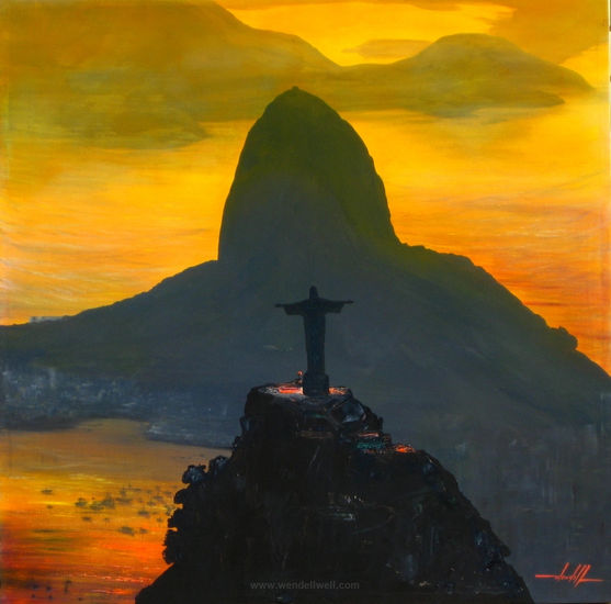 Entardecer no Rio de Janeiro (Vista pegando o Cristo e Corcovado e mais ao fundo o Pão de Açúcar) Oil Canvas Landscaping