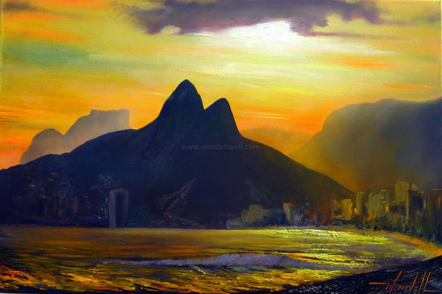 Fim de tarde em Ipanema (Morro Dois Irmãos e Pedra da Gavea no Rio) Óleo Lienzo Paisaje