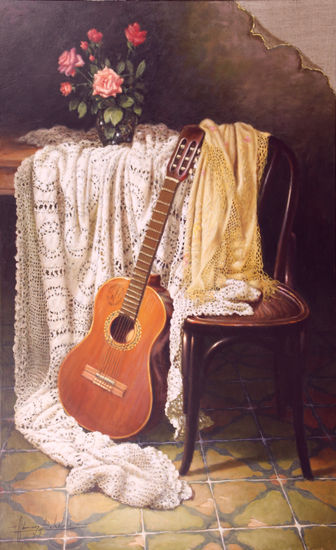 Composición con guitarra española Óleo Lienzo Floral