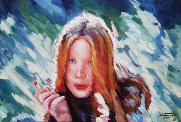 Sissy Spacek pintándose los labios Óleo Lienzo Retrato