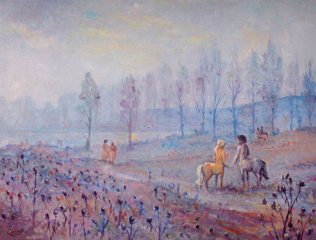 Centauros en la niebla Oil Panel Figure Painting