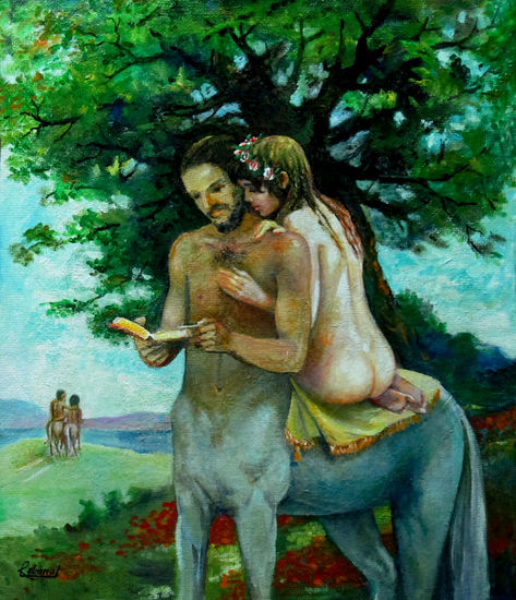 Centauro y ninfa Oil Panel Figure Painting