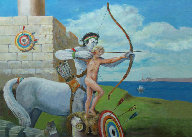 CENTAUROS:  La educación de Heracles Oil Panel Figure Painting