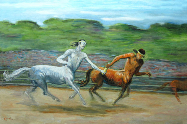 CENTAUROS:  Carrera de relevos Oil Panel Figure Painting