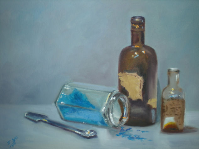 Botellas con pigmento azul Oil Panel Still Life Paintings